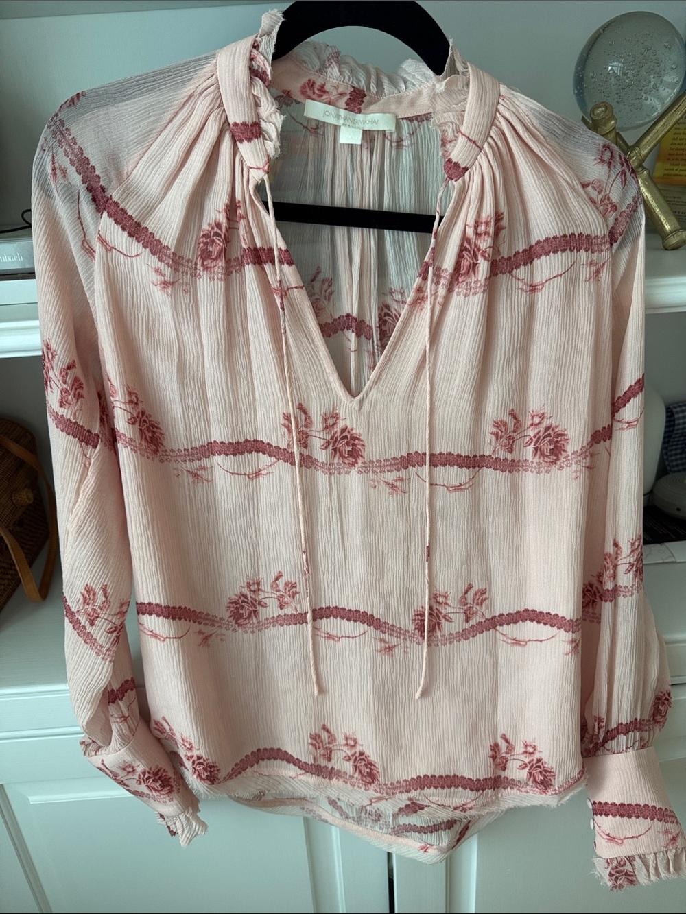 Jonathan Simkhai Light Pink Floral Peasant Blouse with Tie Neck